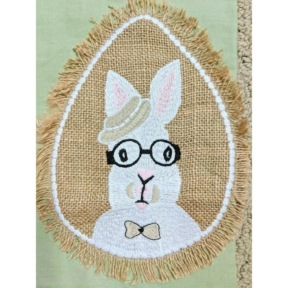 Pier 1 Imports Easter Mr. Rabbit Burlap Appliqué Pompom Trim Tea Towel Green NWT